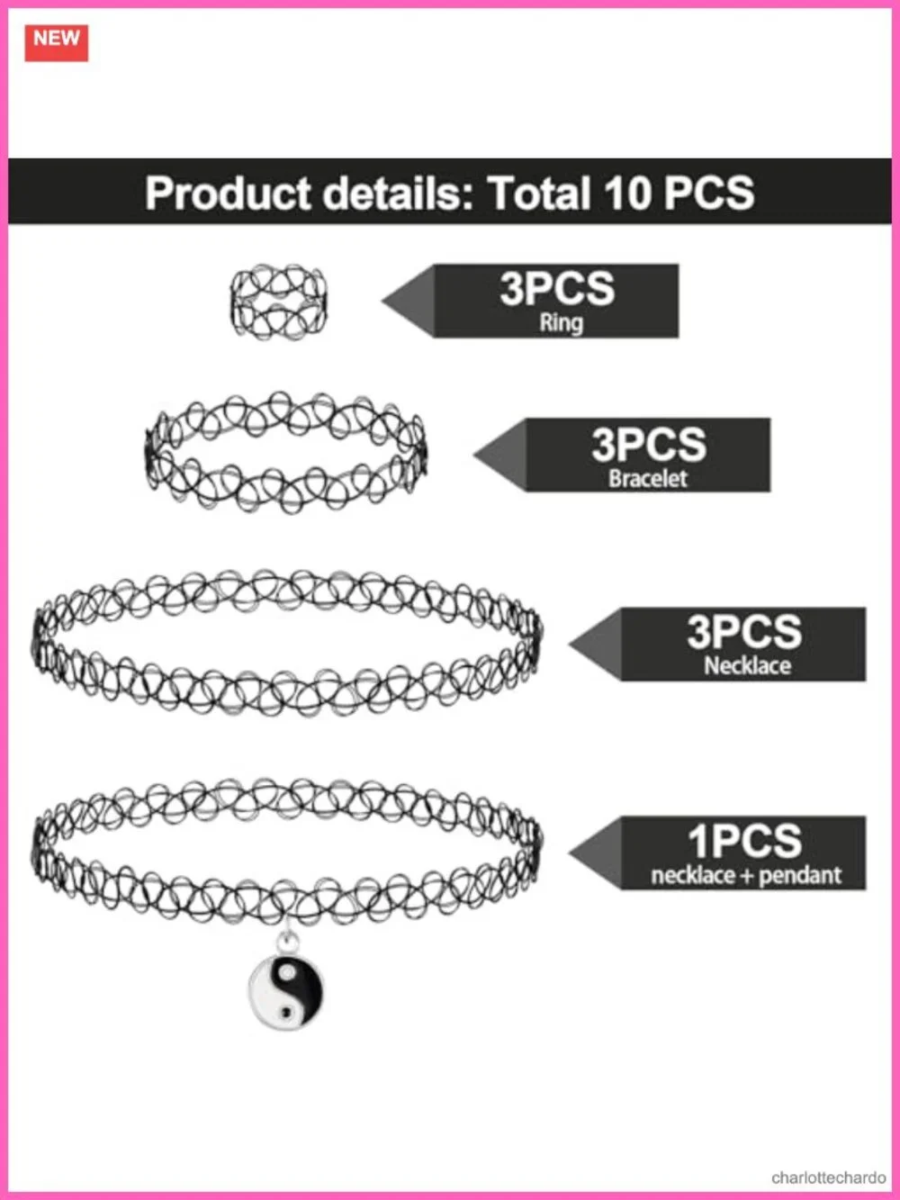 10PC Chicken Tattoo Choker Necklace Bracelets Women Retro Y2K Grunge Set